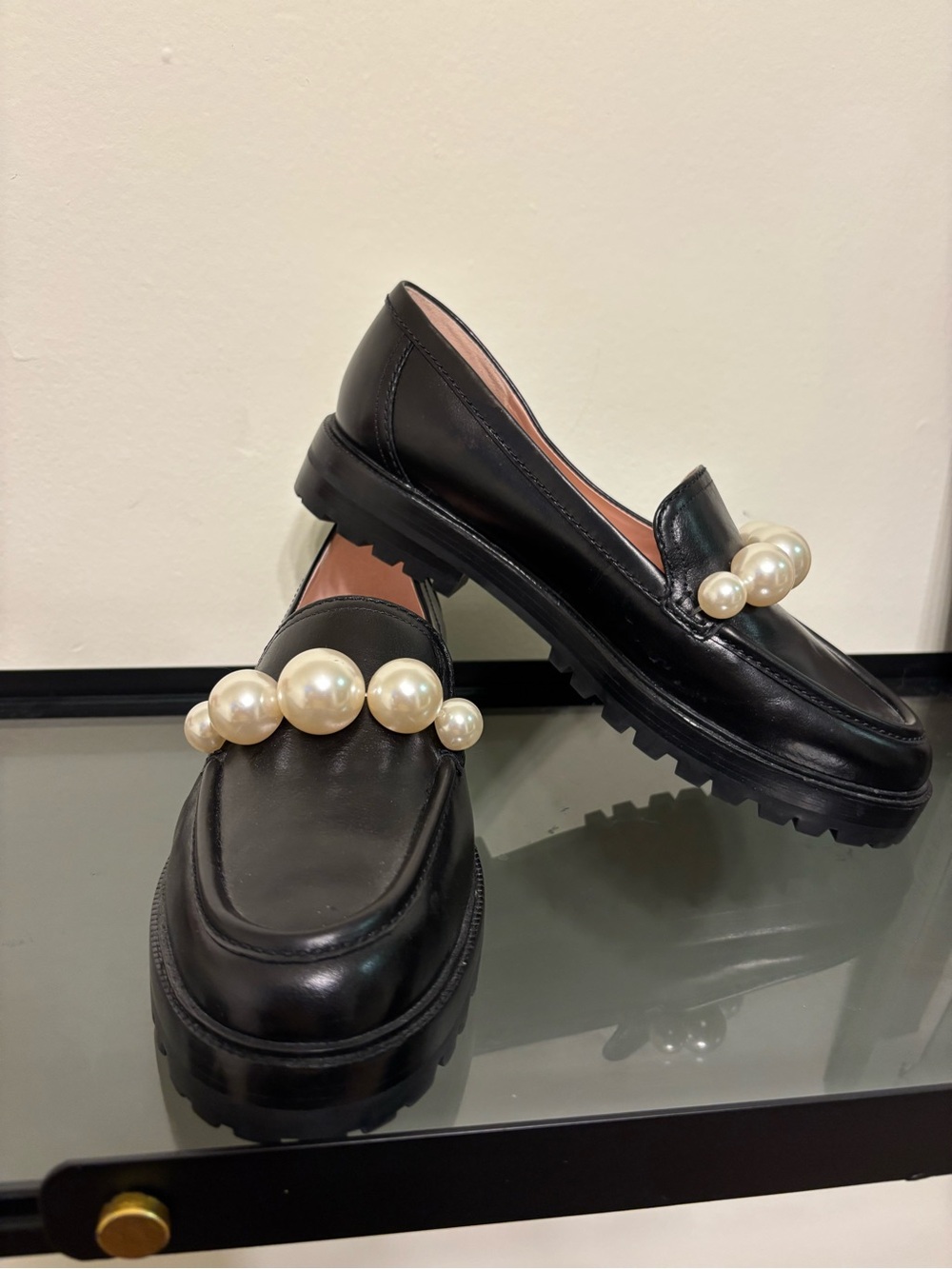 kate spade Black Pearl-Trim Lug Loafers